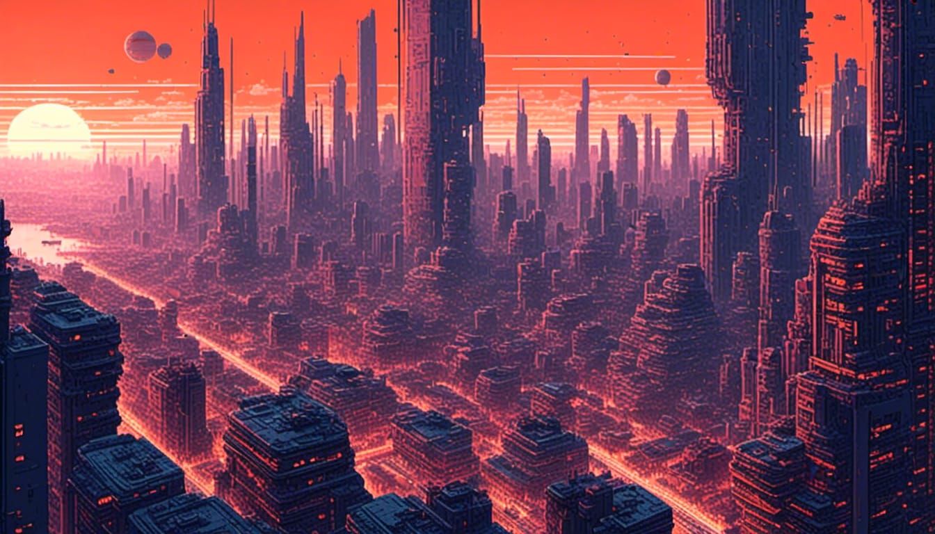 <lora:Point Cloud:1.0> <lora:Pixel style:1.0> a Futuristic city  scape.