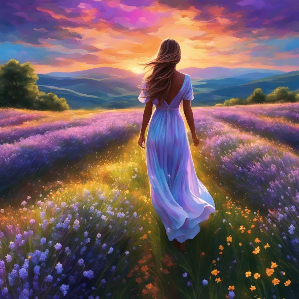 Pretty Lady Walking in a Flowery field