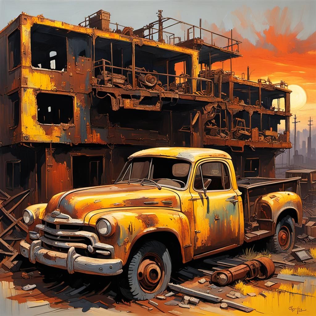 post-apocalyptic, junkyard, sunset fire, employ a range of t...