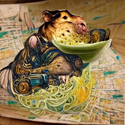 A fat rat eating a bowl of noodles beautiful steampunk Van G...