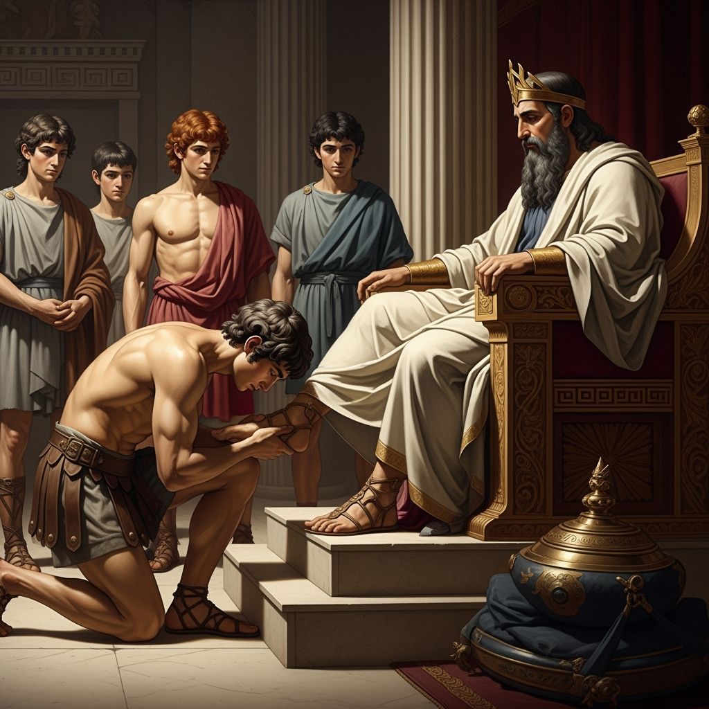 Theseus groveling at feet of King Minos