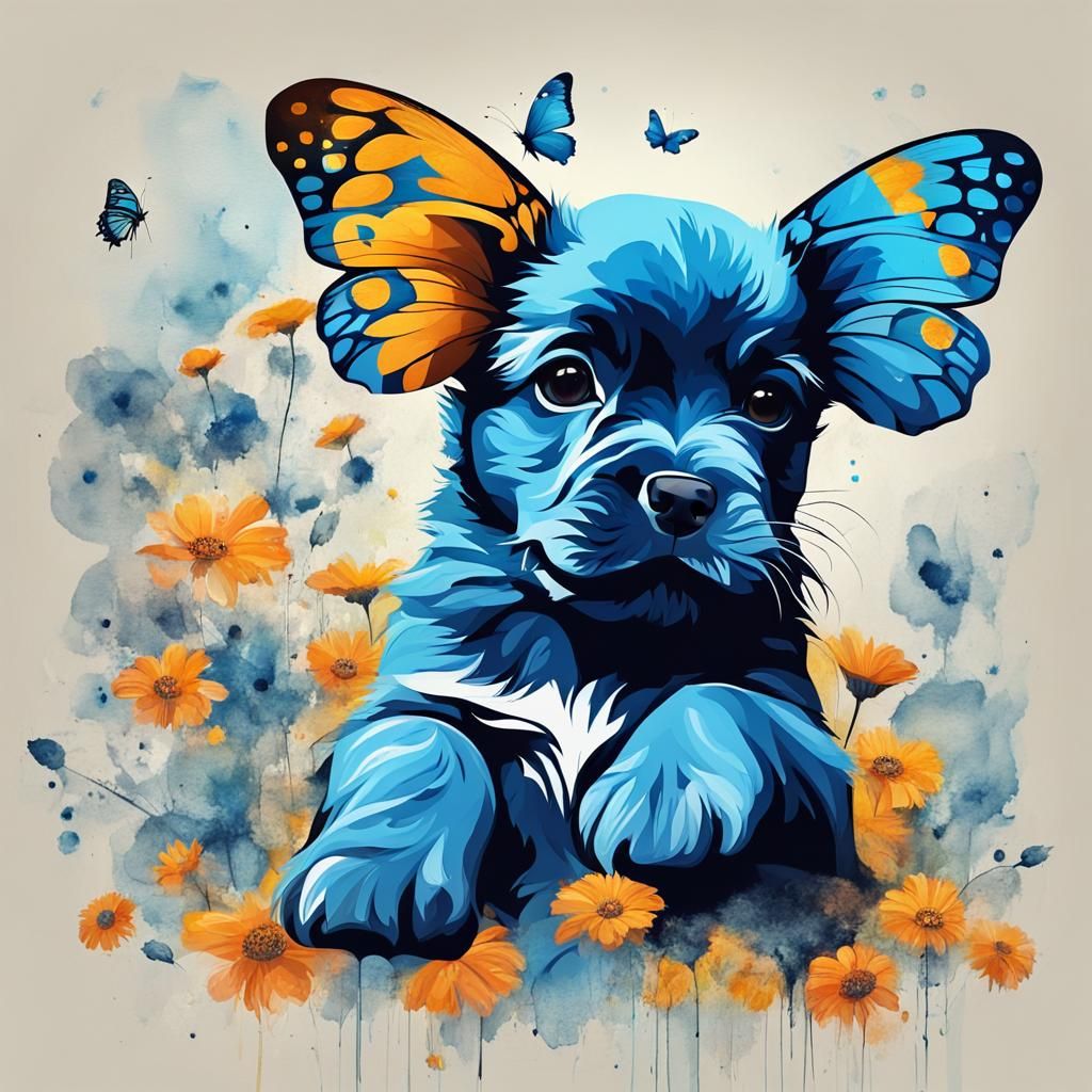 Blue butterfly sitting on nose of an adorable puppy