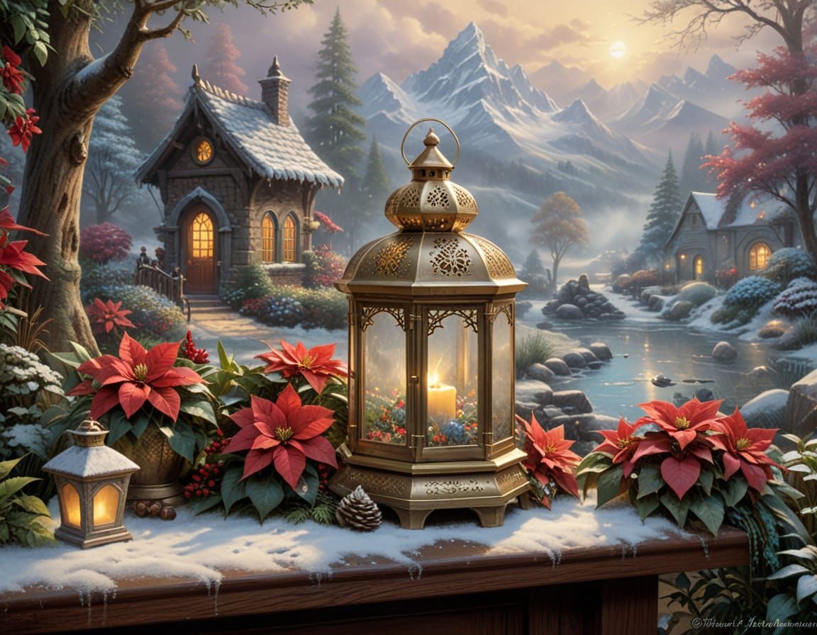 Winter Garden Scene in Brass Lantern, Watercolor Style