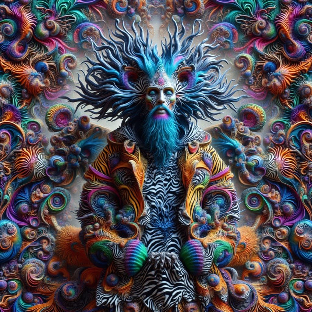 <lora:kkd-fractalcolor:1.0>man wearing a patterned coat, pointy hair, Fractal, surreal, colorful, zebra patterns, swirl