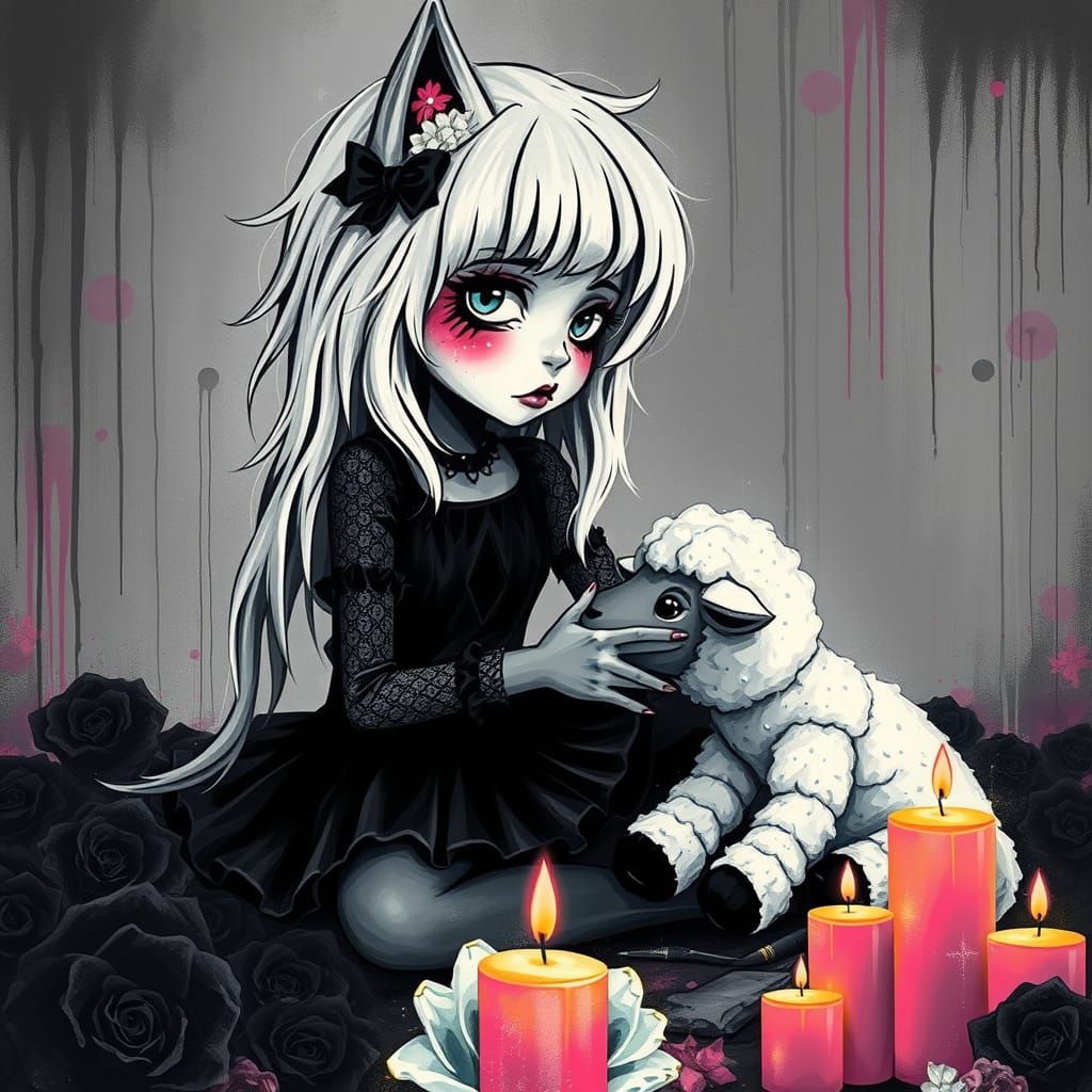 Surreal Neo-Surrealist Wolf Girl in Punk Graffiti Art