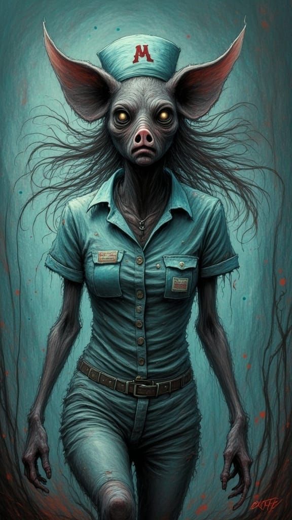 <lora:Creepy-Flux:1.0> Creepy surrealism. Close up. A sinister nurse pigwoman with tattered uniform, lithe and lanky, stalking silently thro...