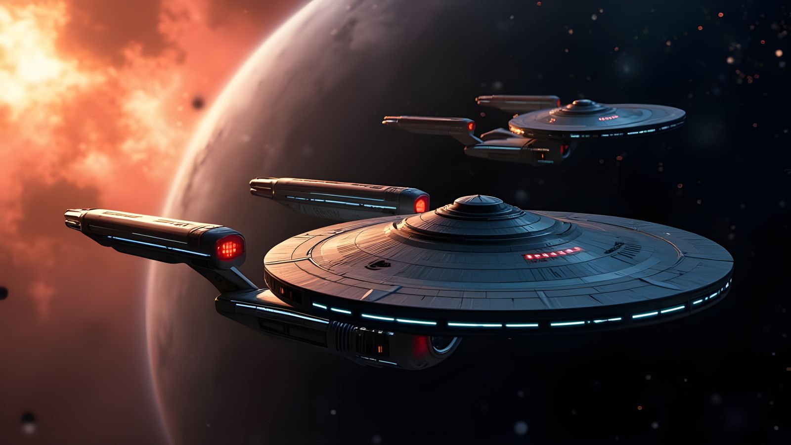 A cinematic space scene featuring two Star Trek ships against a dramatic backdrop. The USS Enterprise ...  by @Dan Jones