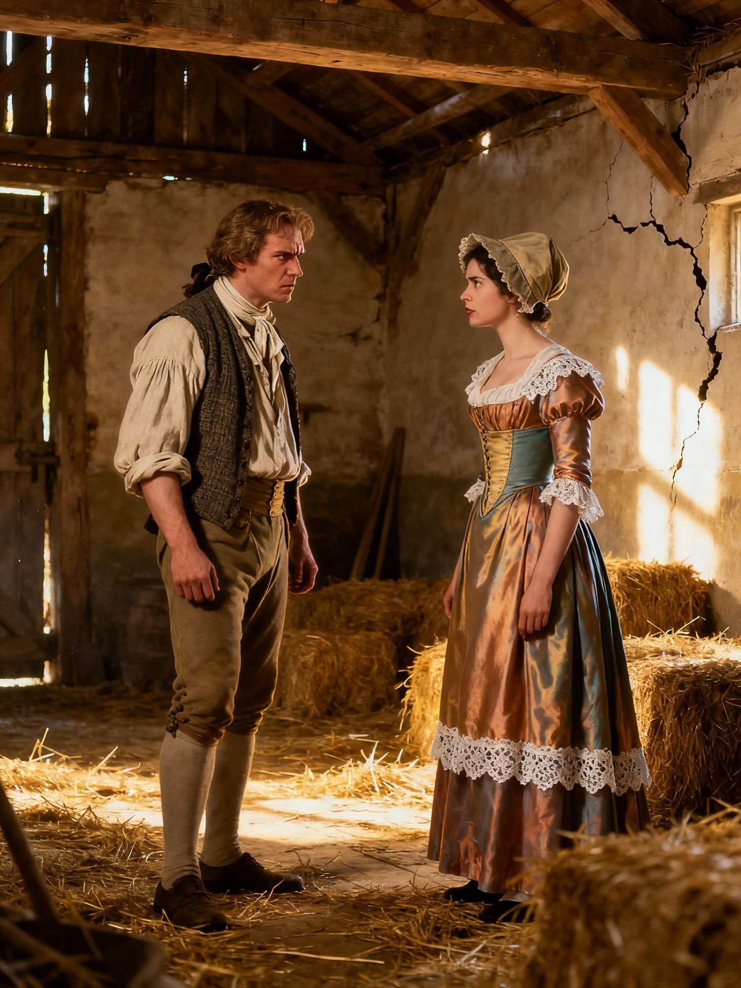 a youngish man about 38, wearing countryman's clothing of 1788 and a beautiful fashionable woman of 1788 both in a barn, scowling at each ot...