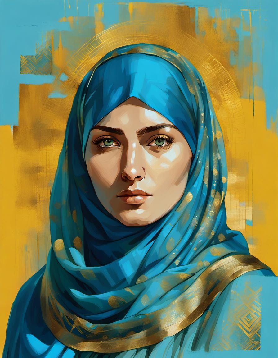 Dreamy portrait of Kazakh girl wearing hijab in her national...