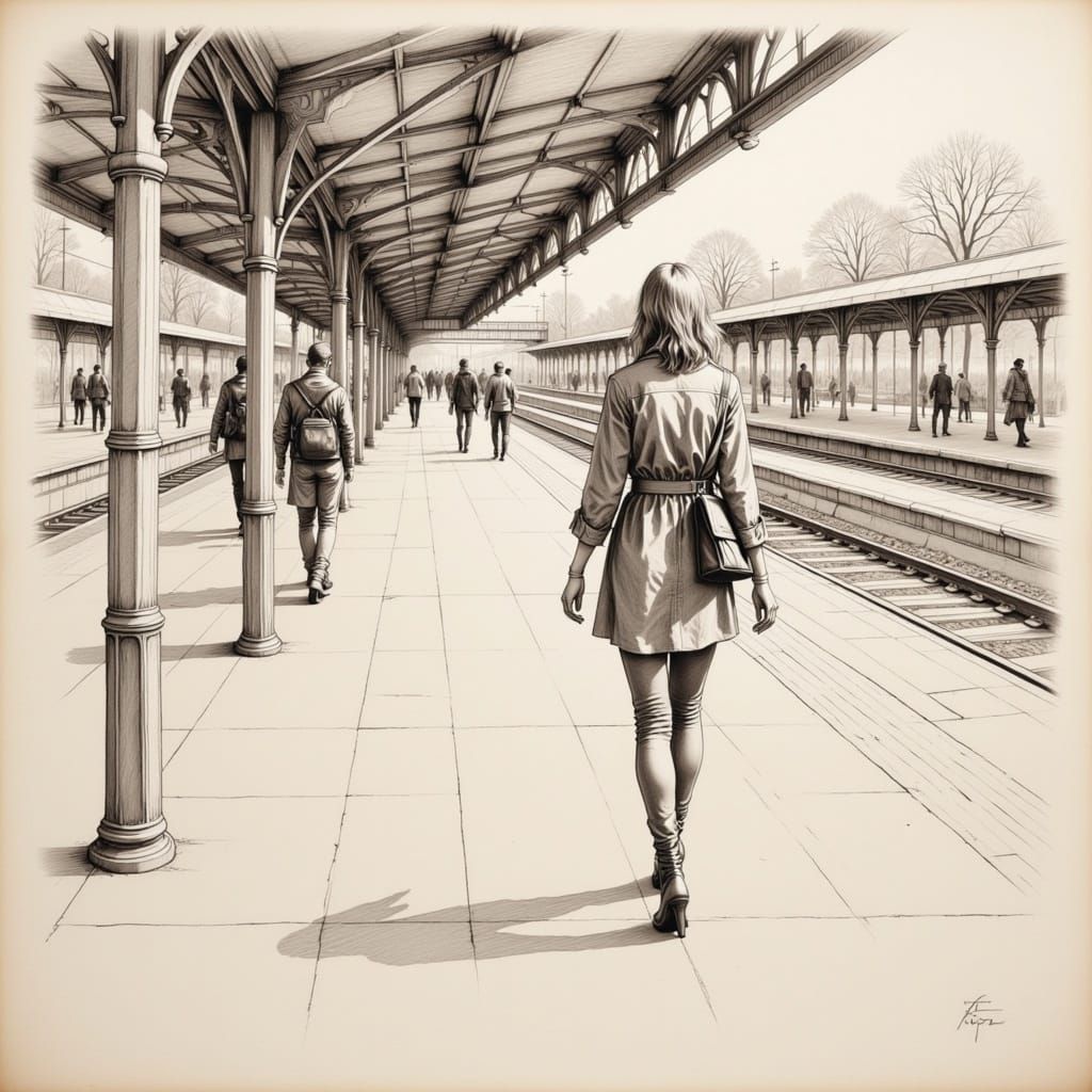  <lora:sMOre Flux:1.0> A quick parchment paper sketch of a woman walking along a train station