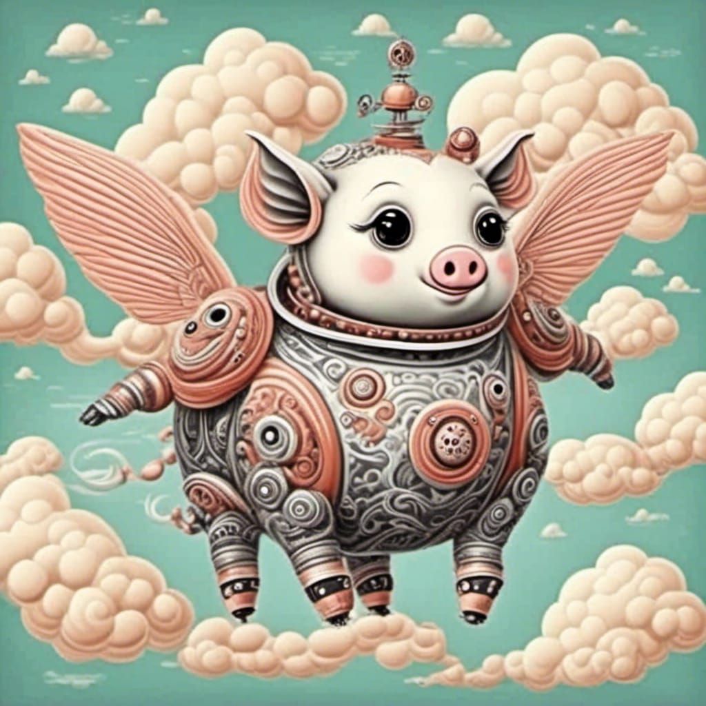 <lora:Cinnamon Swirls:1.0> Cute adorable fat flying robot pig in the clouds 