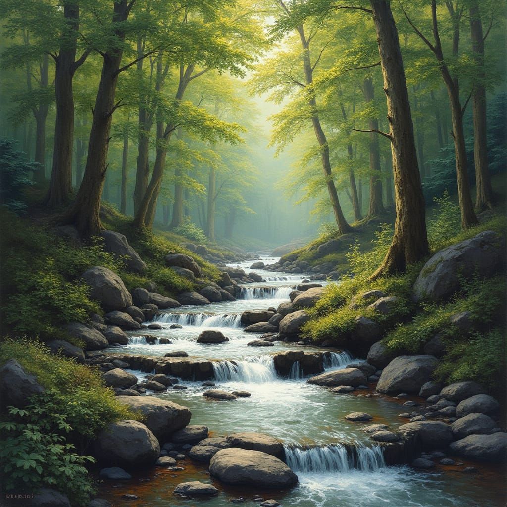 Idyllic Forest Stream in Classic Painting Style