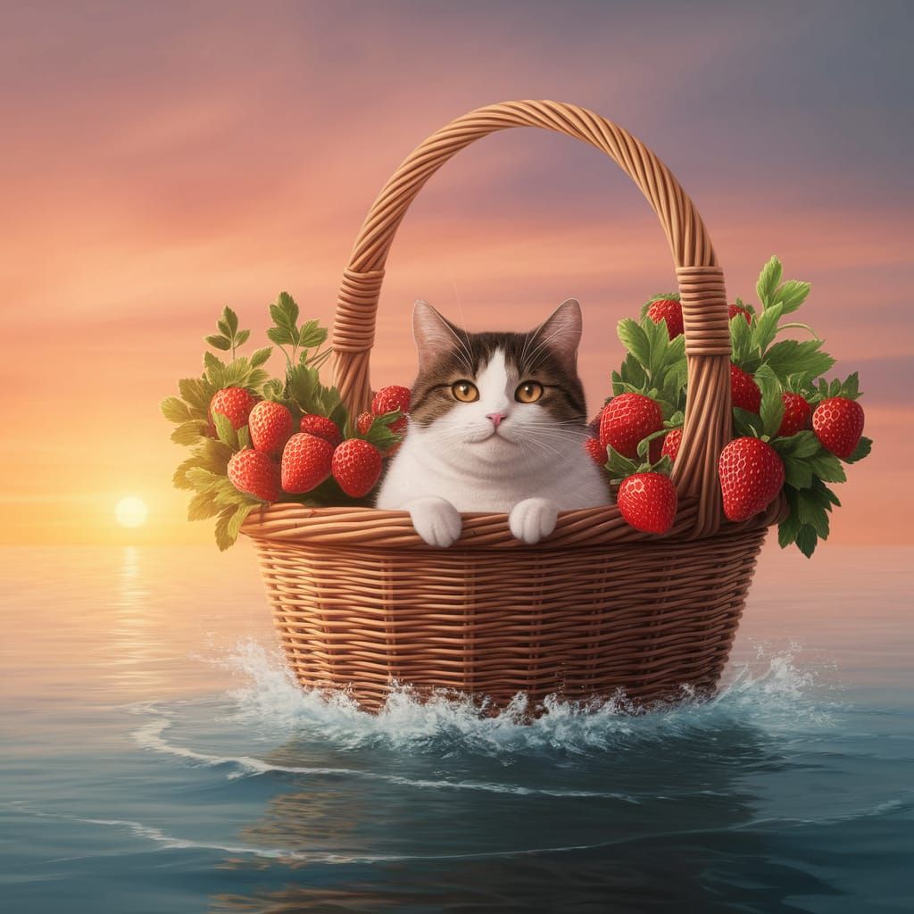 Whimsical Cat Sails Across Sunset Sea