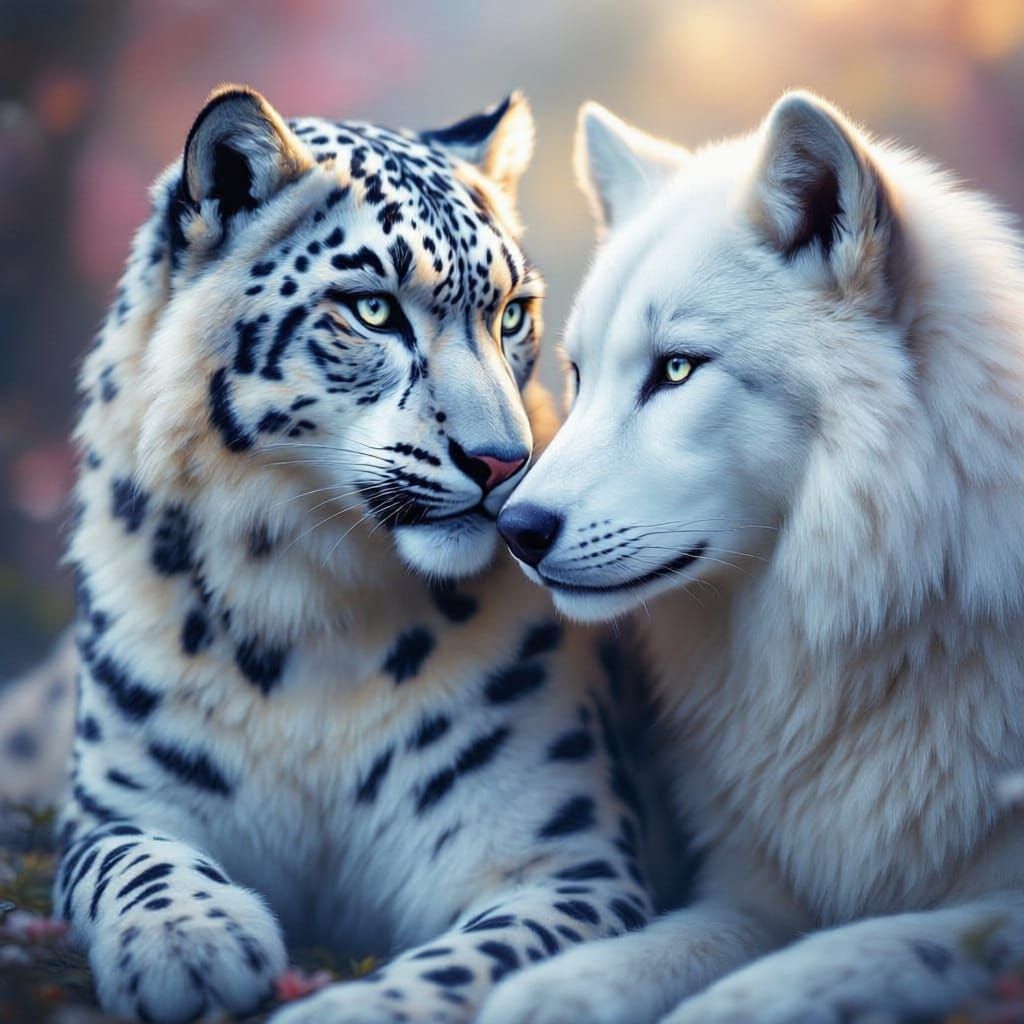 A magnificent Snow Leopard sitting next to a stunning White wolf. Wolf face. Around the neck of the "wolf only". The White Wolf wears a smal...