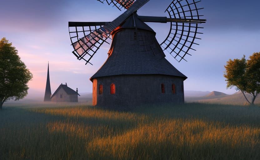 Gothic old Windmill sitting atop a hill at sunrise concept a...