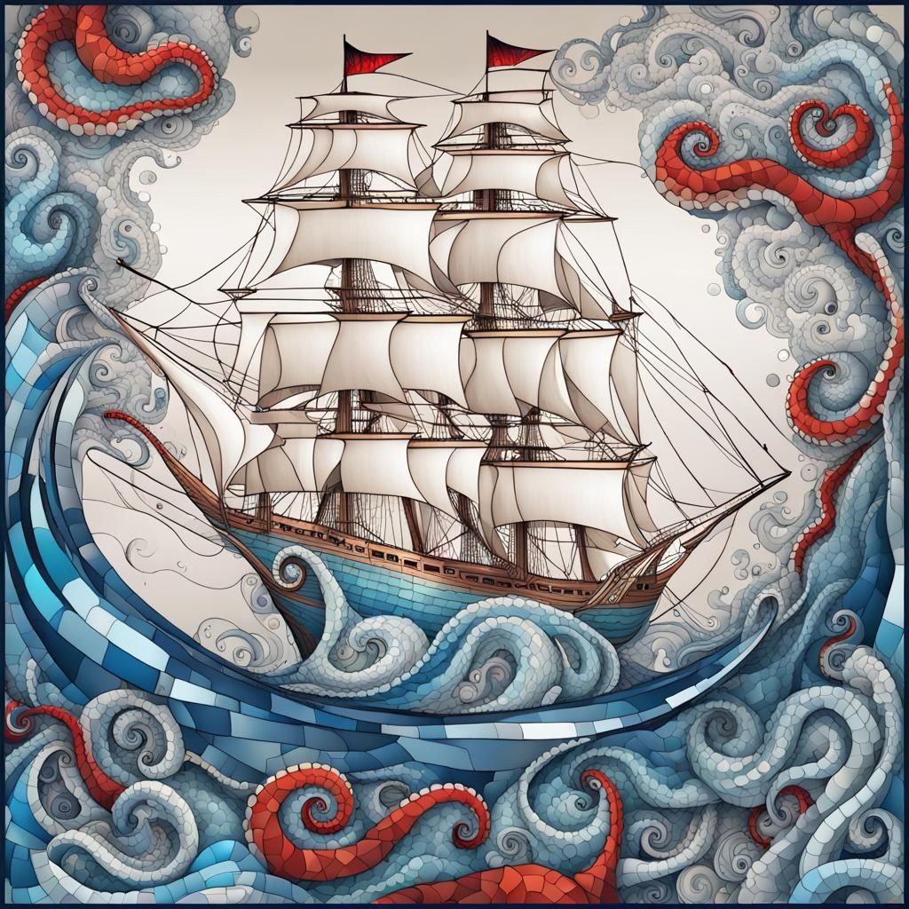 Underwater Octopus Mosaic Scene in Tattoo Style