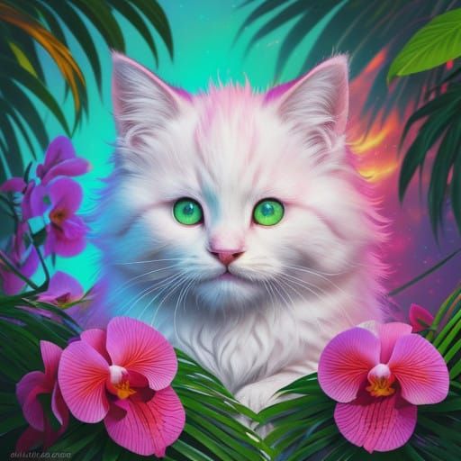 Majestic Kitten in Vibrant Tropical Paradise with Swirling P...