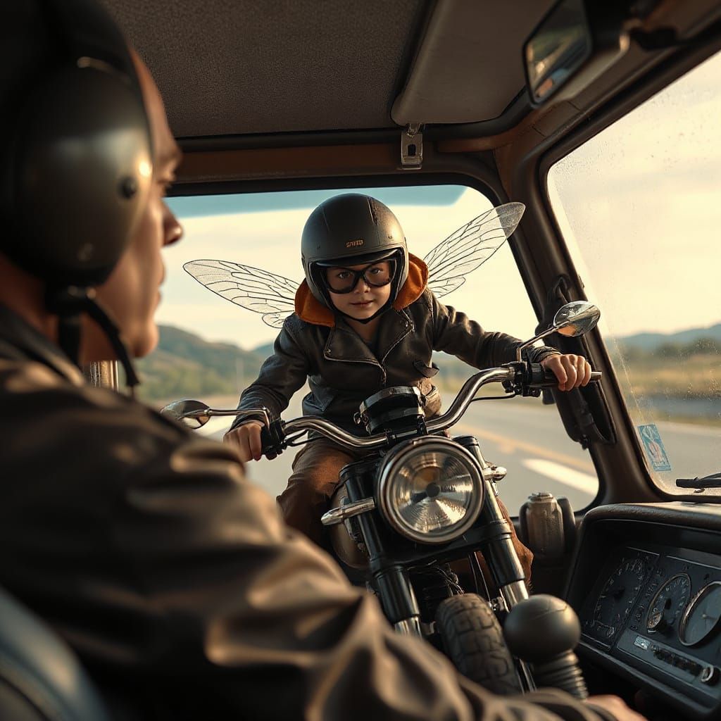 A fly in helmet is having hard times in its life whilst riding on the bike right into the coach’s windscreen.