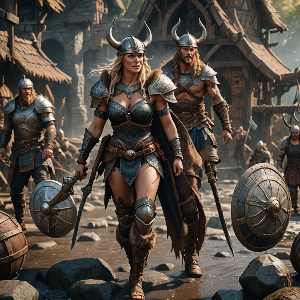 Medieval thick model Viking warrior in bikini armor
