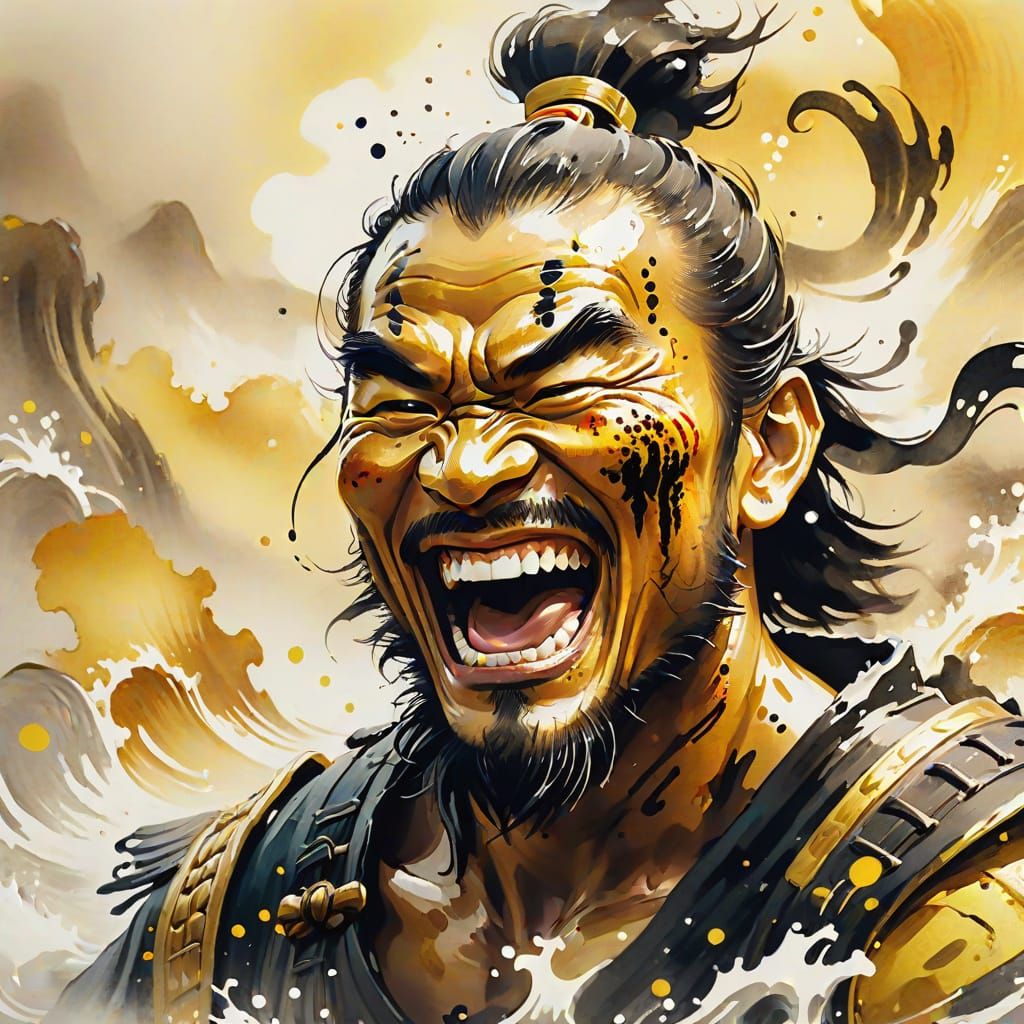 Laughing Warrior in Chinese Ink Painting Style