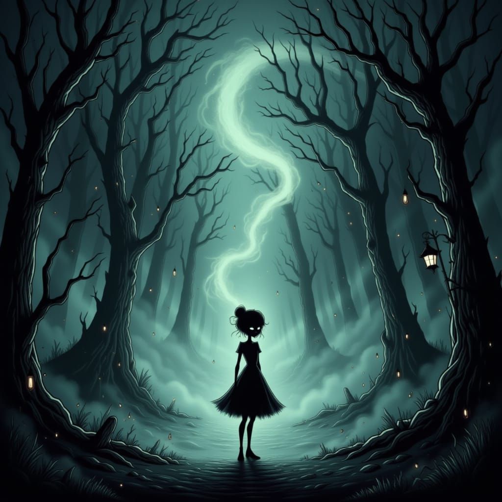 <lora:SybilThorn-LORA11:1.0> . whimsy. Dynamic and dramatic lighting. Dynamic and dramatic pose. Dark whimsy. Reminiscent of the Works of Ma...