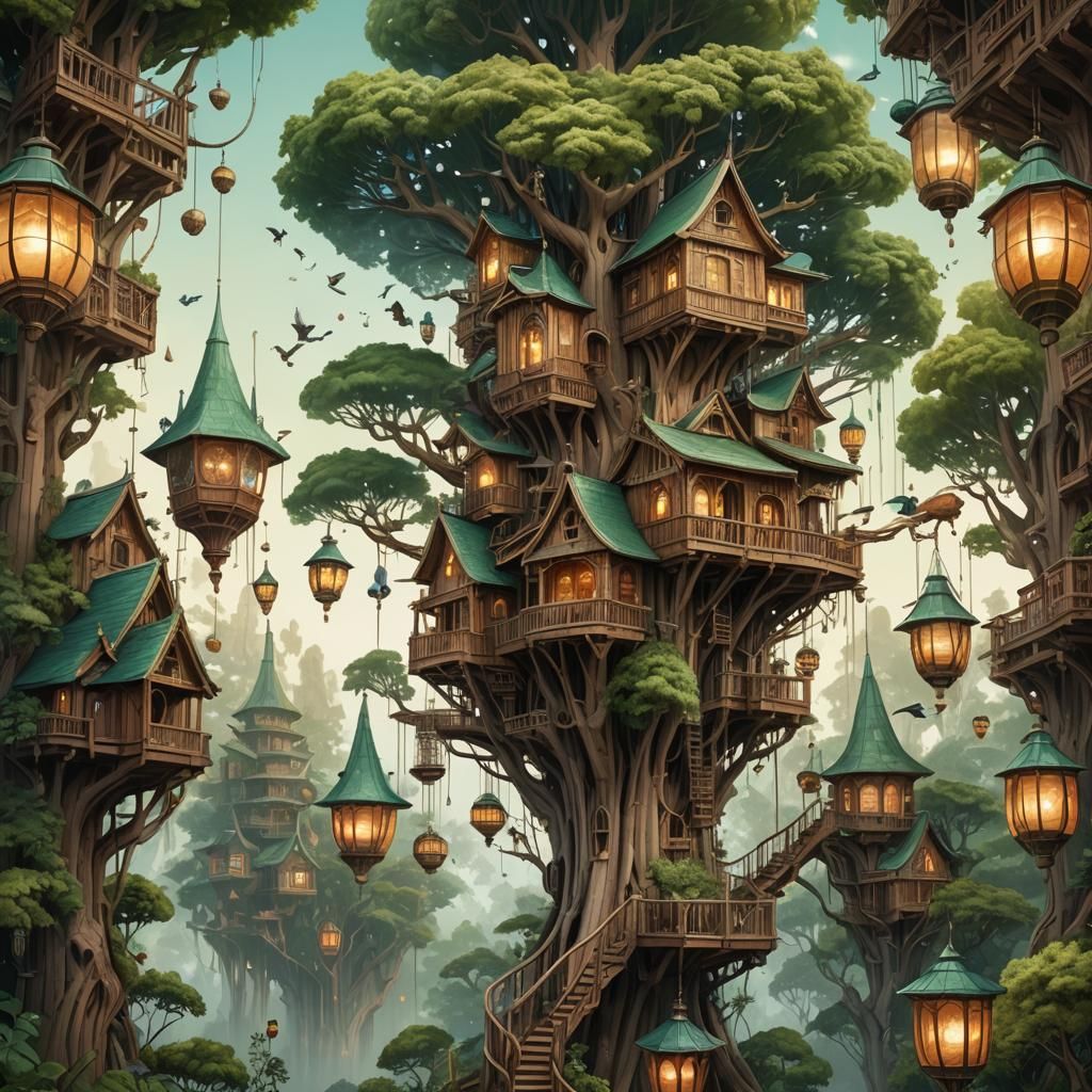"A fantastical illustration of a towering tree house reaching up to the sky, featuring intricate wooden ...  by @Artificial Intelligence Artist