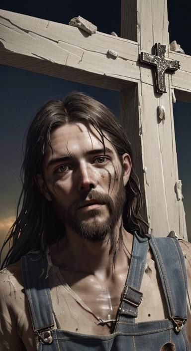 A semi close up of a poor dirty boy with torn overalls hangi...