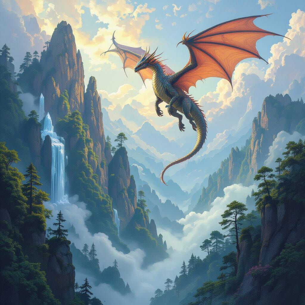 A mystical realm with towering dragons, ancient forests, and shimmering crystal caves