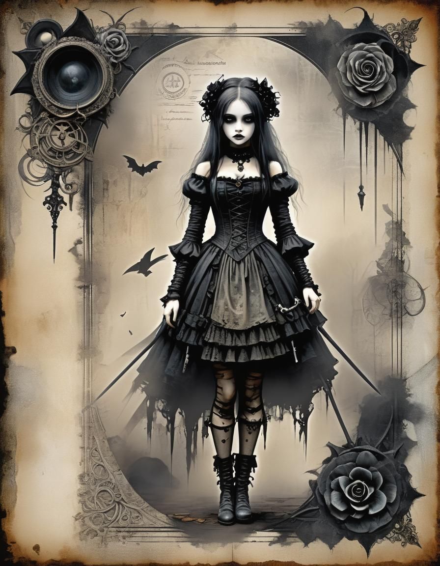 Create  a little gothic girl art by luis royo  of  a Printable Victorian gothic mist junk journal page paper, aged scratched digital paper,...
