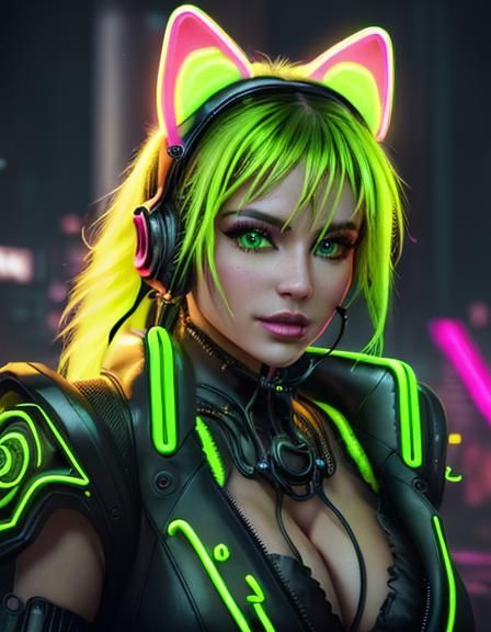 Cyberpunk CatGirl (Colour Shift GREEN) - AI Generated Artwork ...