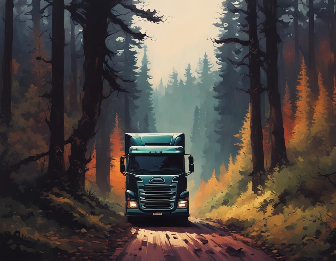 Truck on Forest Trail: Matte Painting Style