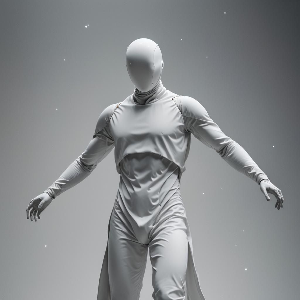 Close up of floating humanoid figure with no face, in a feat...