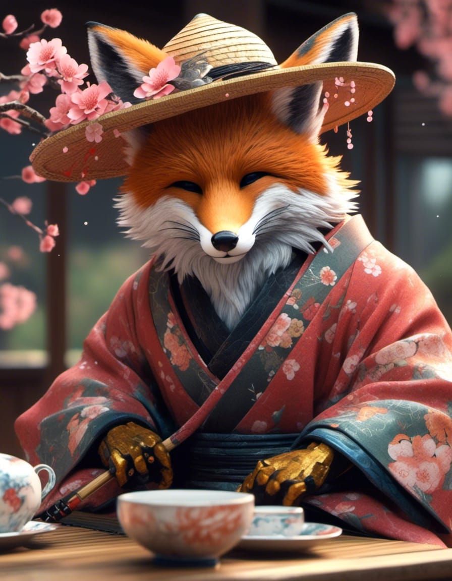 best quality, close up 32k resolution, a fox wearing straw hat in a Japanese tea room, with an , blossom falling, clean, sharp details, HDR,...