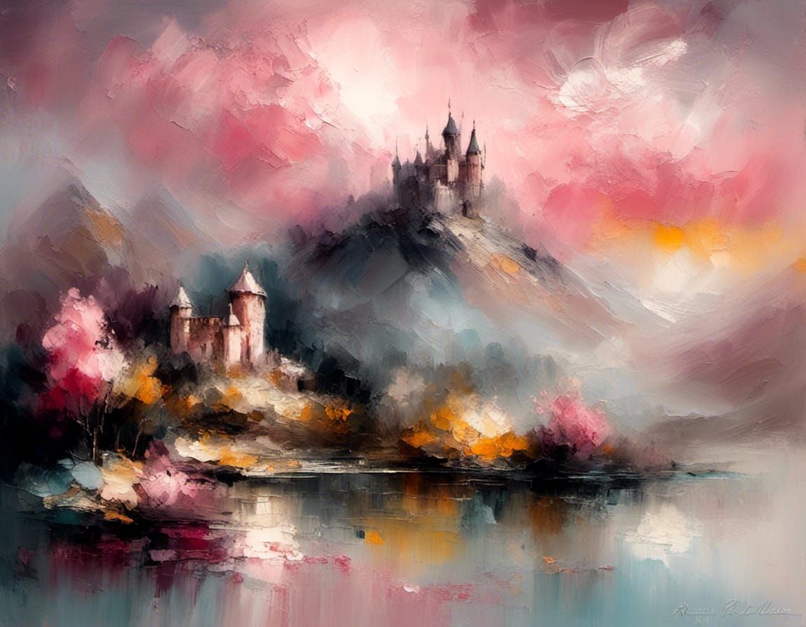 Castle on a hill in a foggy landscape
