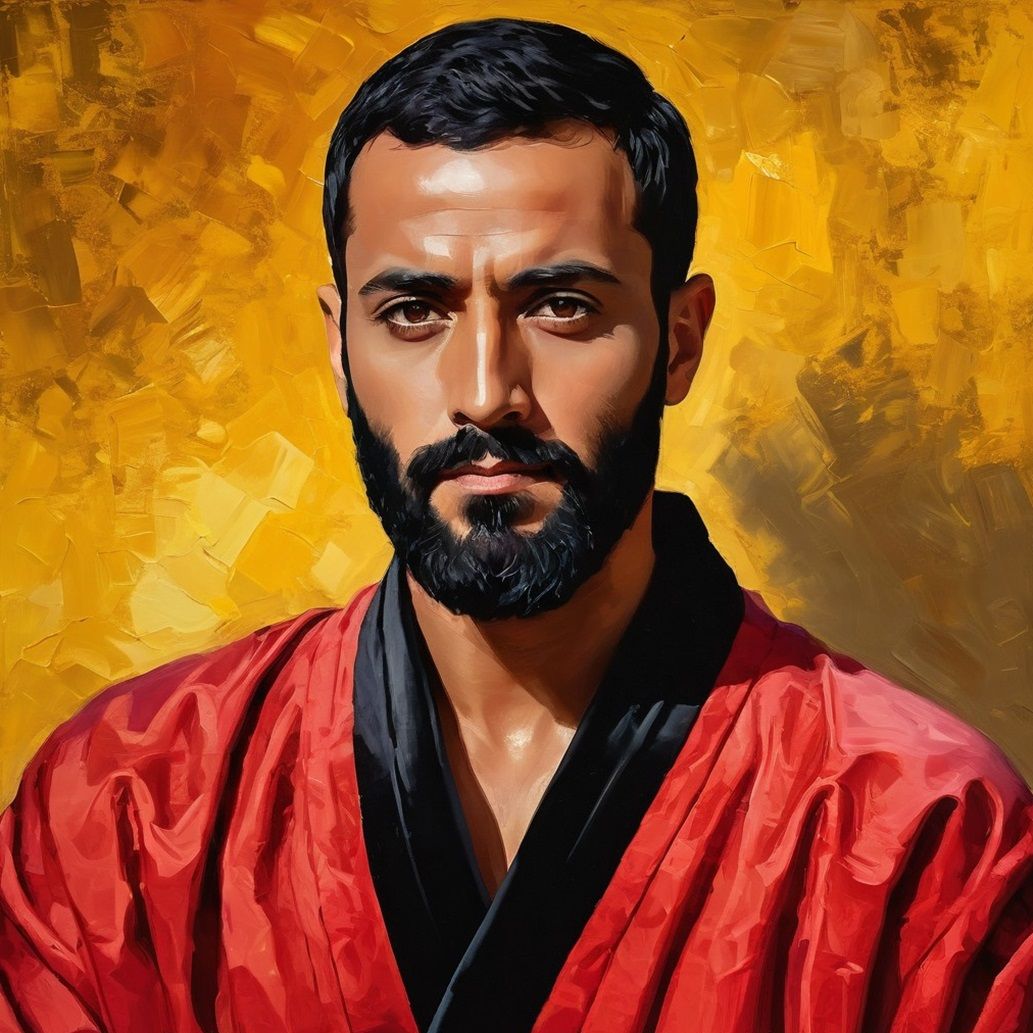 A serious man with   black    hair and beard wearing a      ...