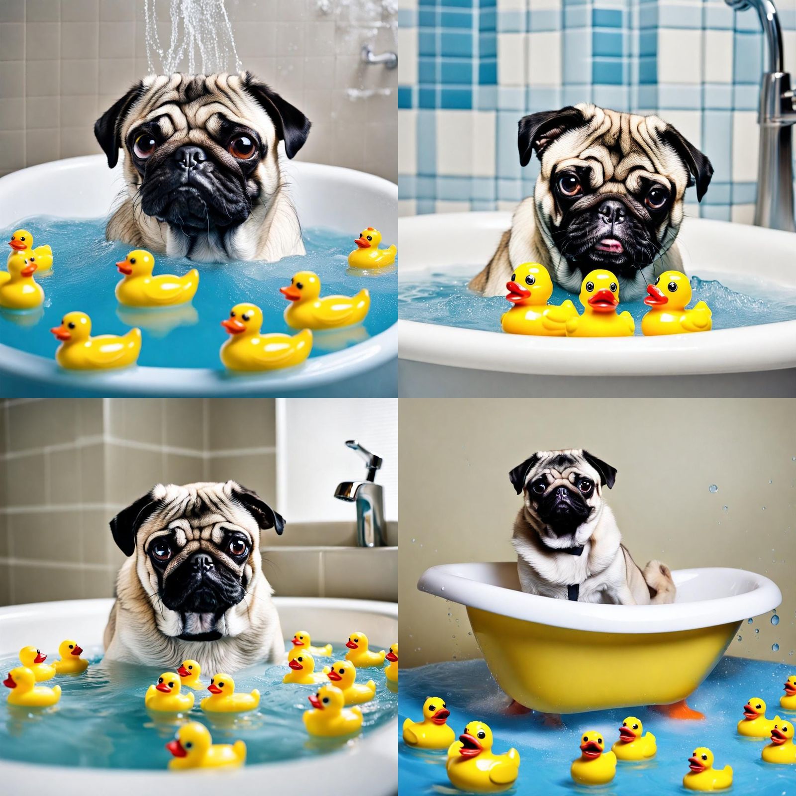 A pug taking a bath with rubber duckies,