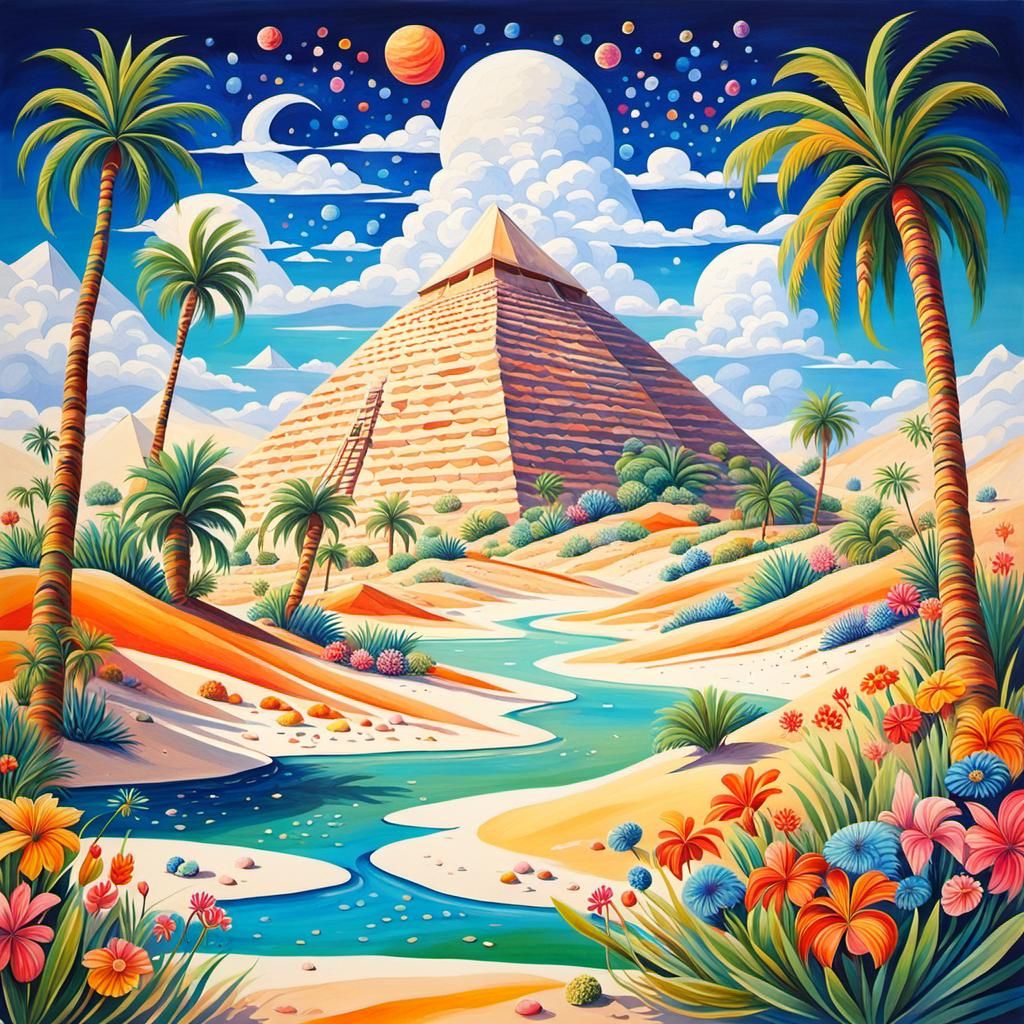 Exotic desert planet, green tropical  oasis w/palms and colo...
