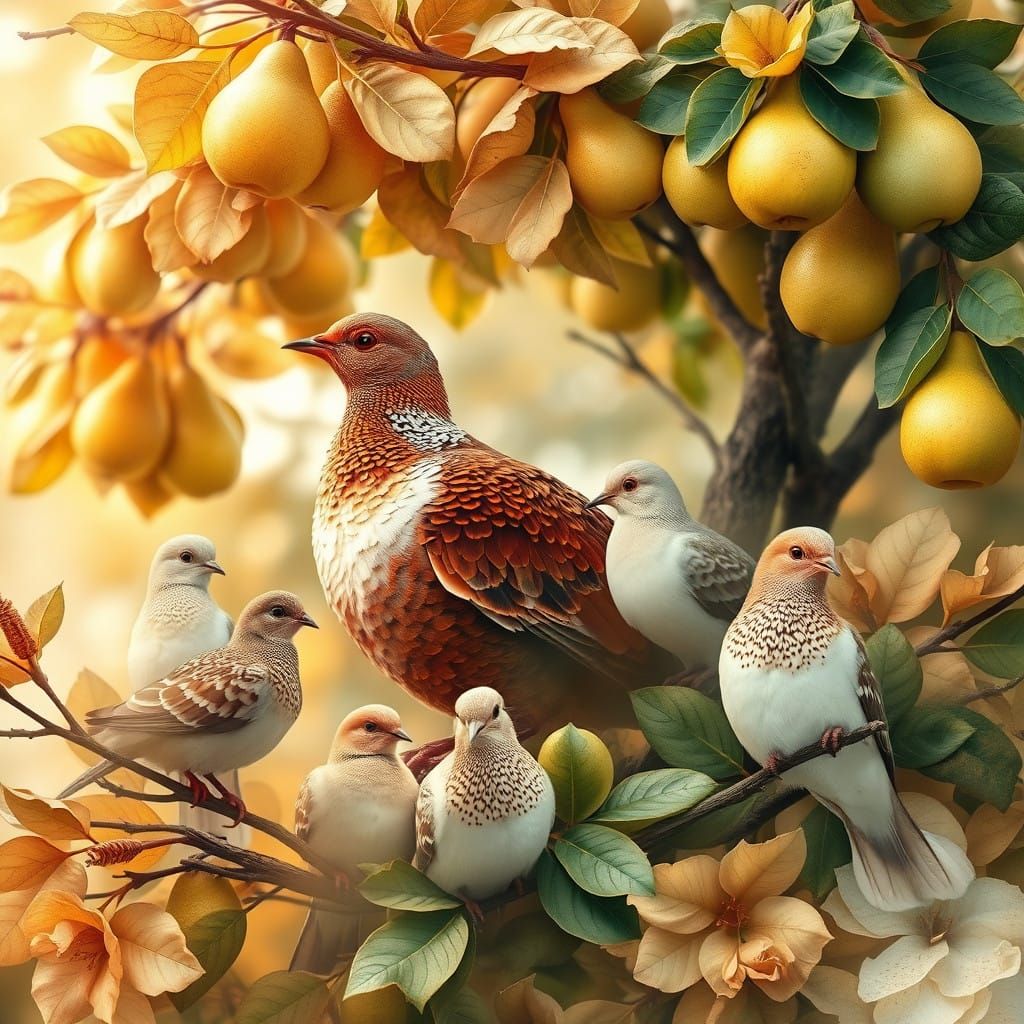 Double exposure a partridge in a pear tree, two turtle doves, 3 French hens, and 4 calling birds double exposure 