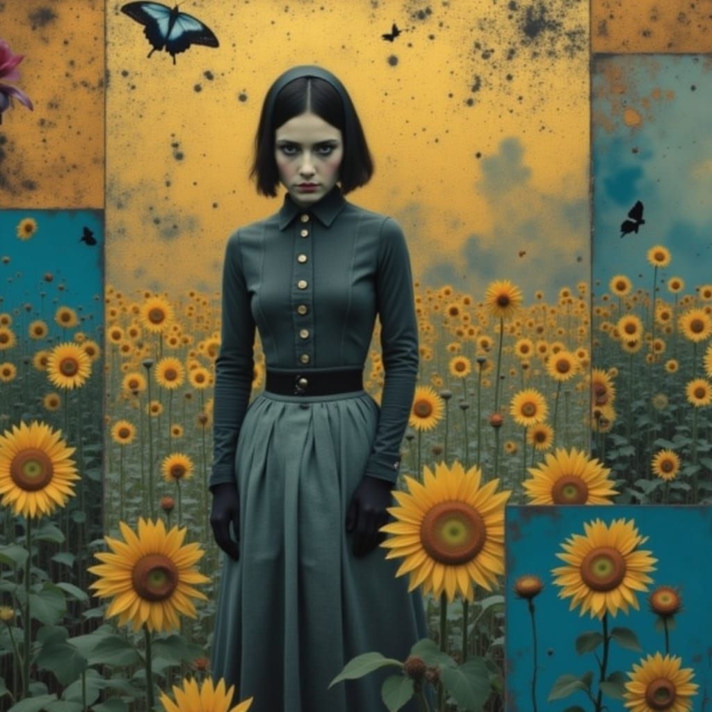 Paul Klee, cool blue colors,  Handmaid, golden shimmer, sunflowers and butterflies, dystopian future, chaos and destruction, burnished, Dia ...