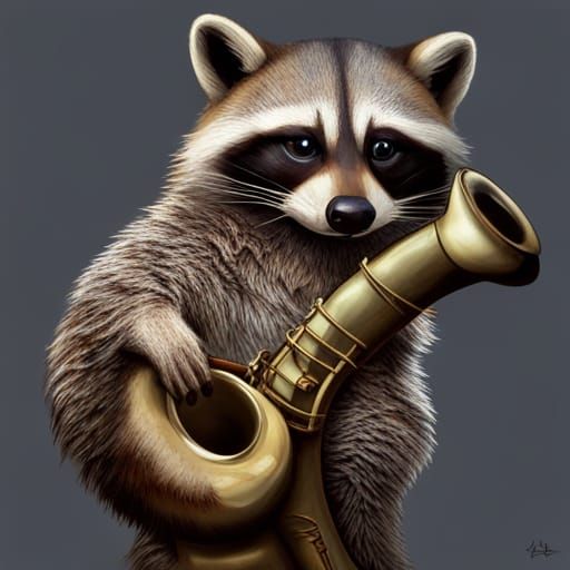 Racoon playing the saxophone Hyperrealistic, splash art, con...