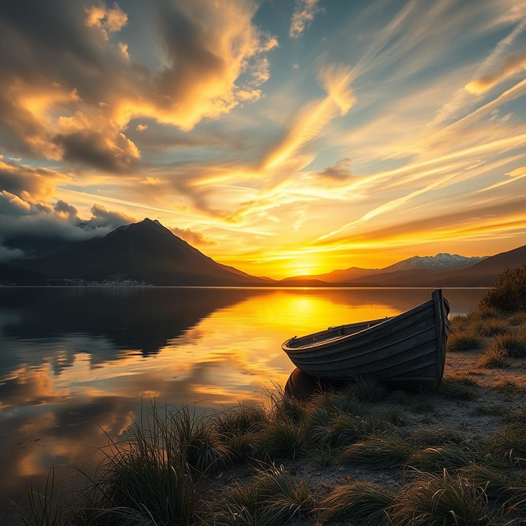 A serene mountain lake reflects a sky filled with swirling, dreamlike clouds in shades of brown, grey, ...  by @Chippy