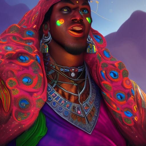 Black dwarf, colorful clothing, Arabian theme, stained glass...