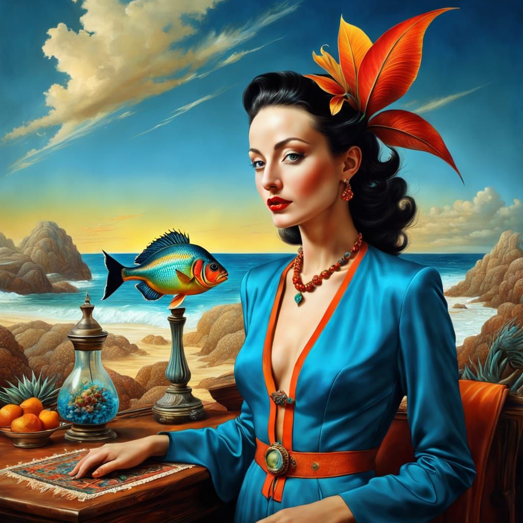 Surreal Woman in a Fantastic Landscape, Photorealistic Image