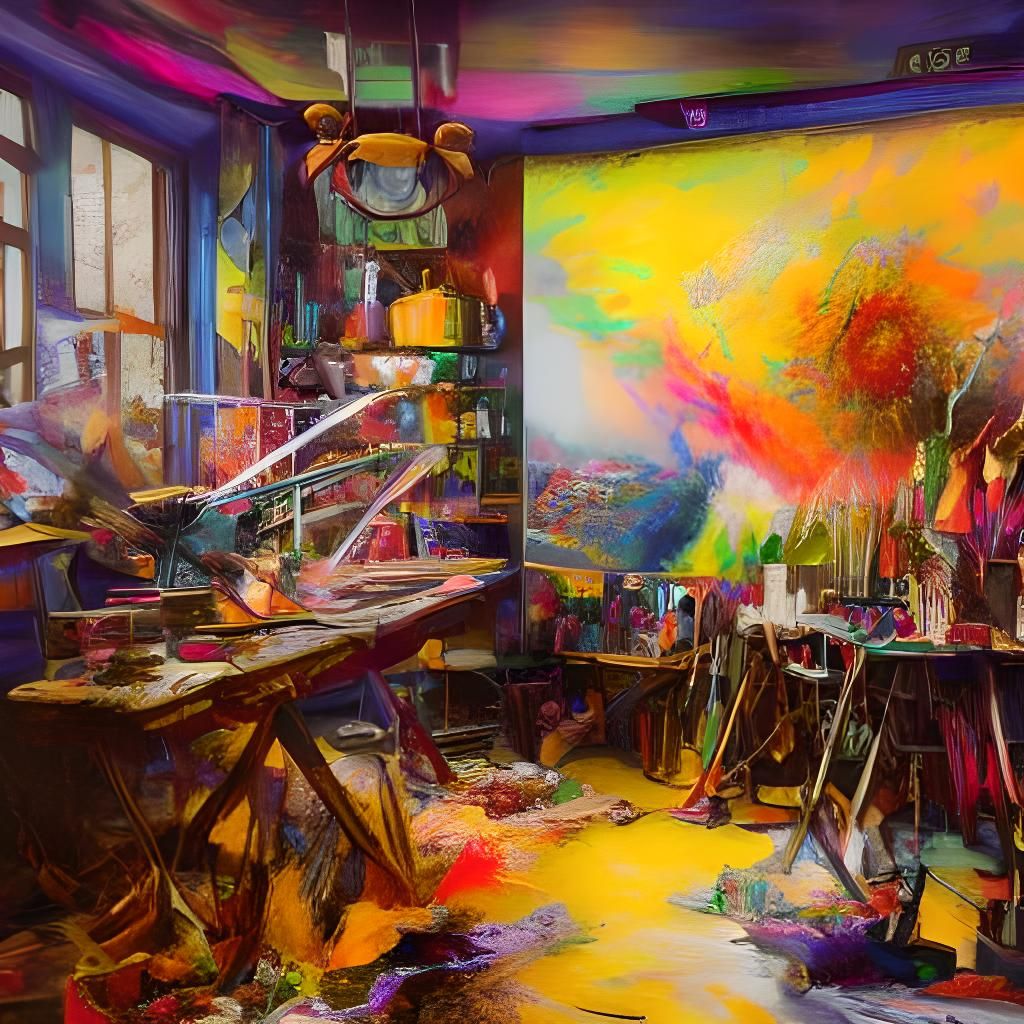 A storm in the artist's studio. A gigantic chaos of colors, ...