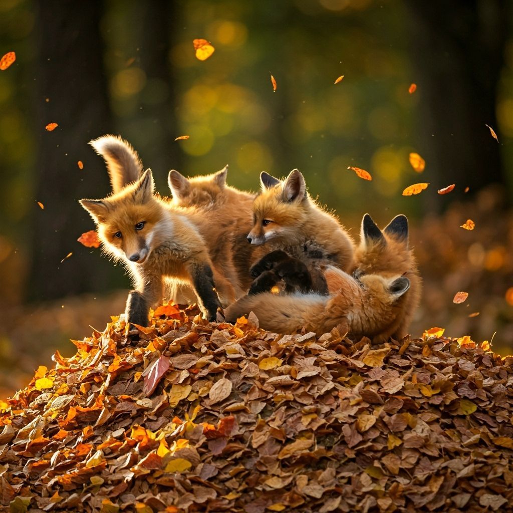 A playful group of fox pups tumbling and chasing each other 