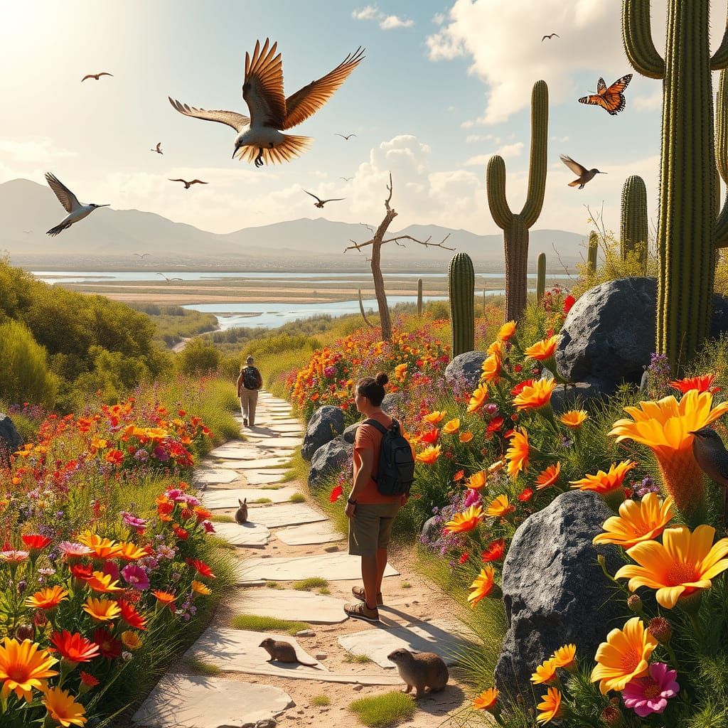 Hiking in Tijuana Esturary walking through the flowery bushes there are many small birds singing and flying back and forth perched in the tr...