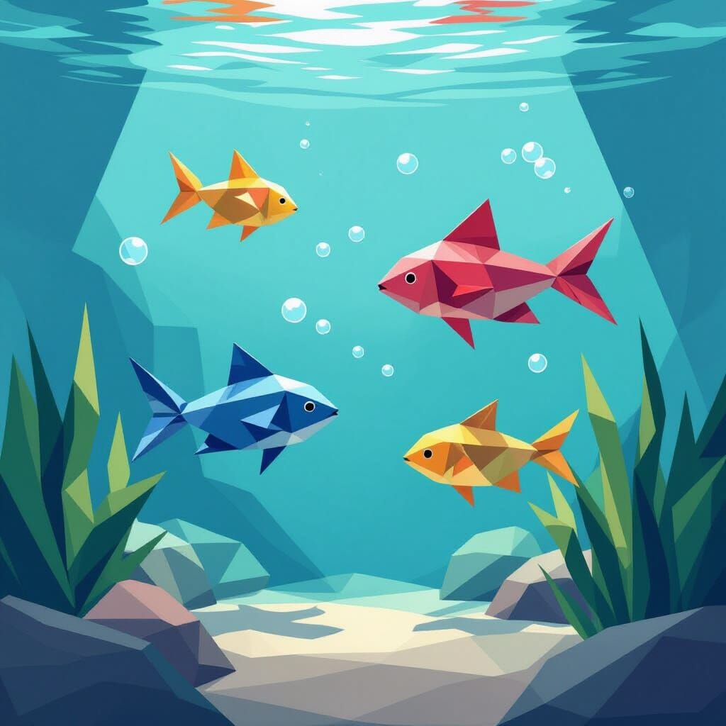 Vibrant Origami Fish in Low-Poly Aquarium