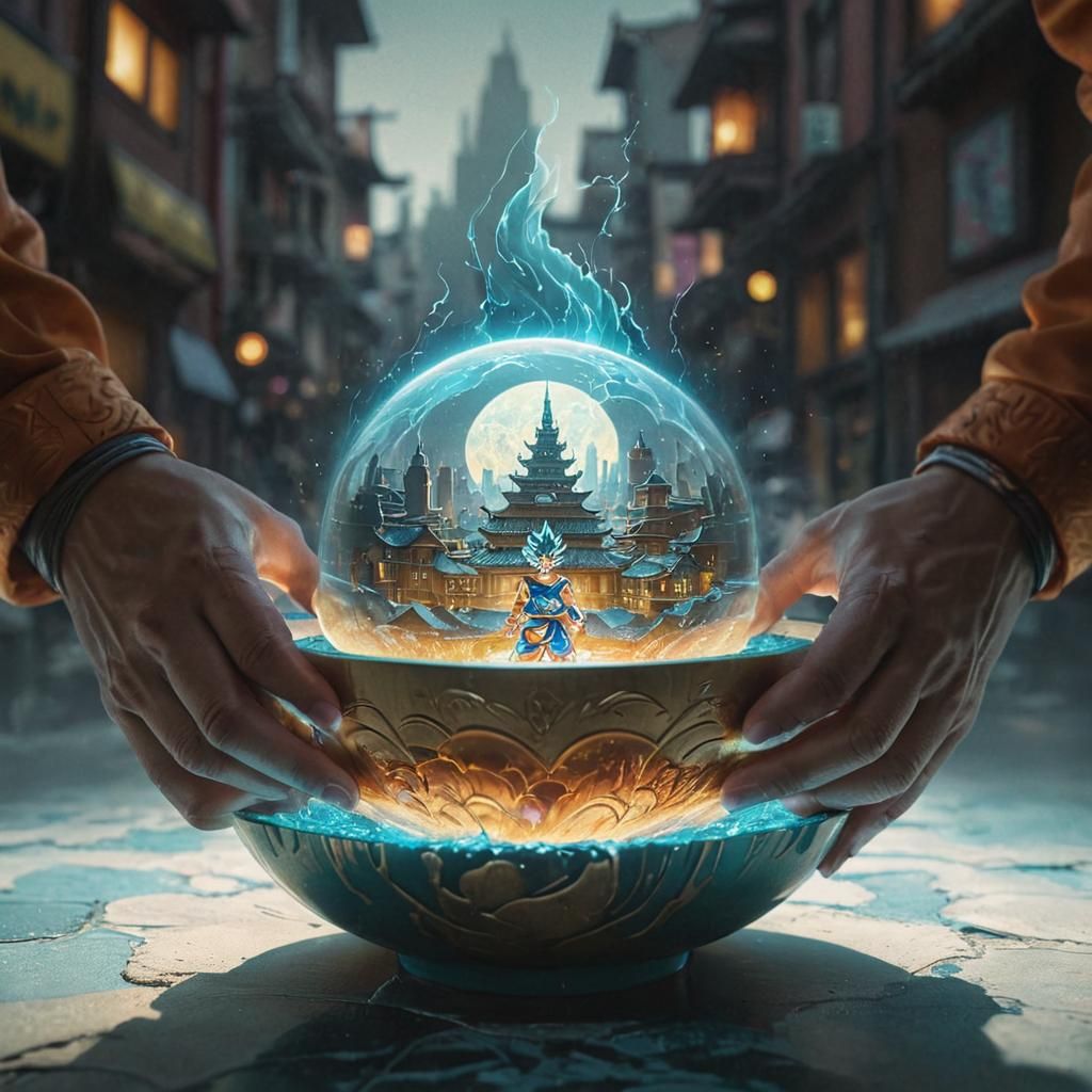 Goku Holding Tiny City: Surreal Dragon Ball Fantasy