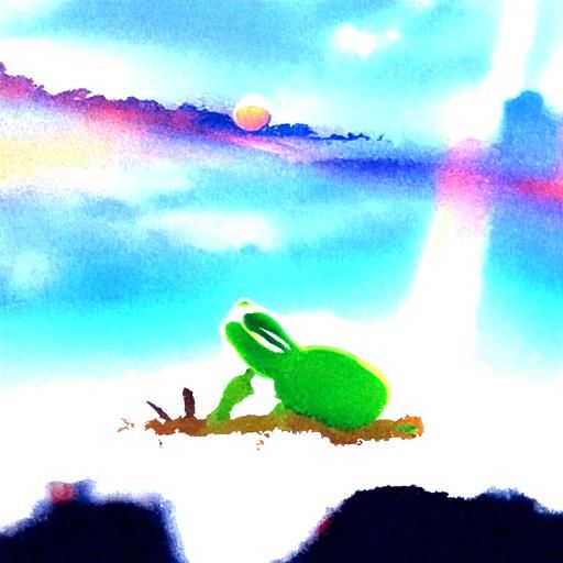 Whimsical Sunset Scene with Frog and Rabbit