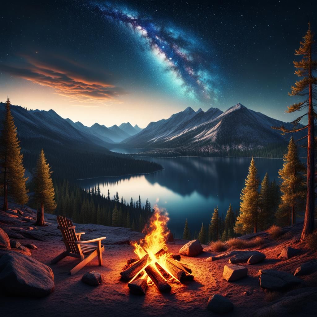 Campfire Site With Mountain Side View With Forest & Lake On ...
